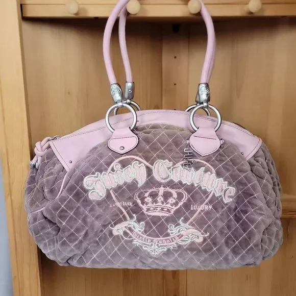 Vintage Rare Y2K Juicy Couture Purple Pink Quilted Velour Charm Bag - Picture 12 of 12
